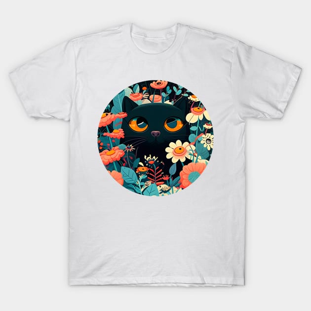 Happy Funny Black Cat In Flowers - Love Cats T-Shirt by WilliamHoraceBatezell